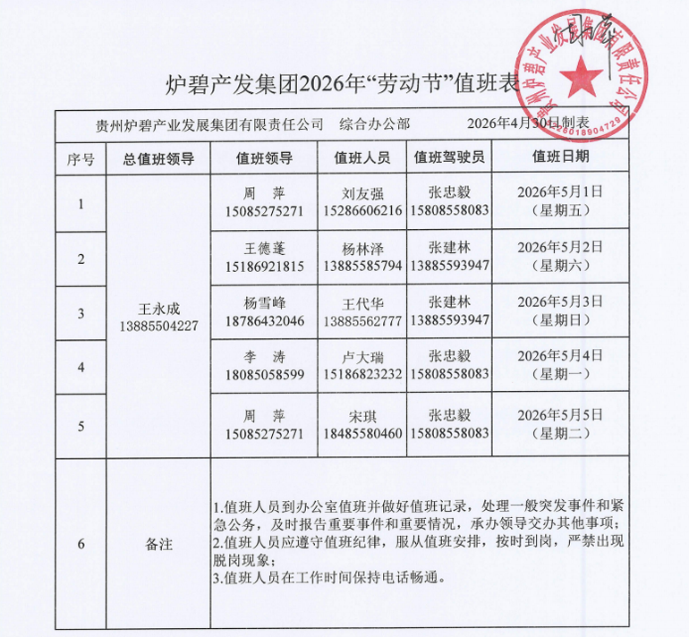 贵州炉碧产业发展集团有限责任公司 关于2026年五一劳动节放假安排的通知